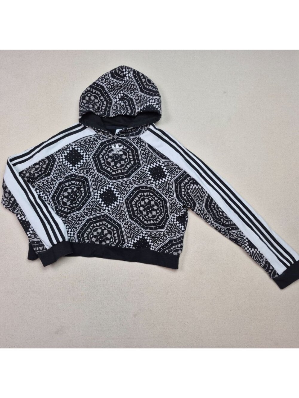 Adidas Originals Kaleidoscope Print Women's Cropped Bandana Hoodie Blk/Wht Sz L - Picture 3 of 8